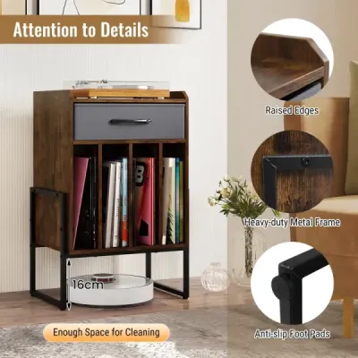 Stojan na gramofon, polička na desky se 4 přihrádkami, pojme až 160 alb, vinylová skříňka do obývacího pokoje, hnědá