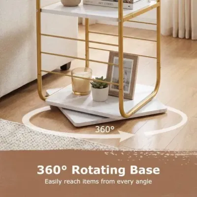 4patrová otočná knihovna 360° otočná knihovna s kovovým rámem, zlatá a bílá