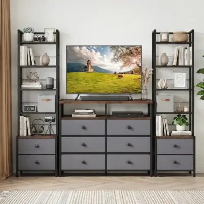 Knihovna s kovovým rámem, 5 polic a 2 látkovými zásuvkami, 40 x 30 x 144 cm, rustikální hnědá