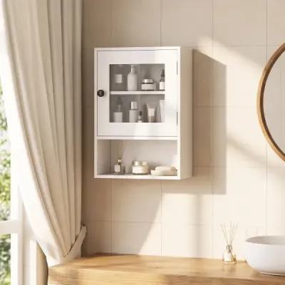 Závěsná koupelnová skříňka se skleněnými dvířky 35 x 18 x 51 cm, nástěnná skříňka s otevřenou přihrádkou, bílá