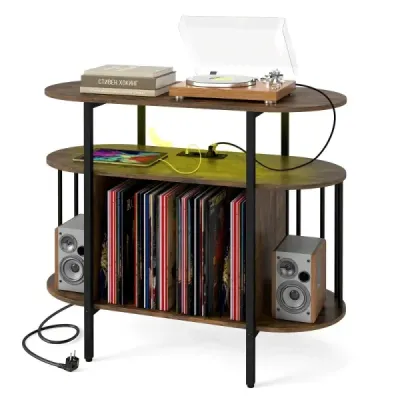 Stojan na gramofon s nastavitelným LED osvětlením a nabíjecí stanicí 90 x 40 x 76,5 cm Rustikálně hnědý