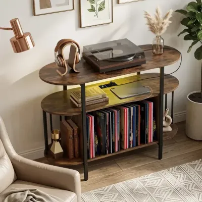 Stojan na gramofon s nastavitelným LED osvětlením a nabíjecí stanicí 90 x 40 x 76,5 cm Rustikálně hnědý