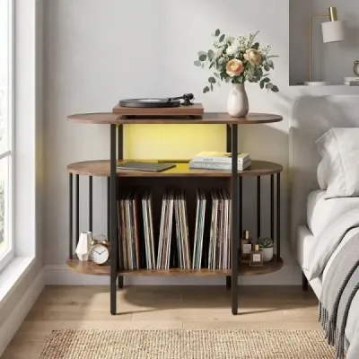 Stojan na gramofon s nastavitelným LED osvětlením a nabíjecí stanicí 90 x 40 x 76,5 cm Rustikálně hnědý