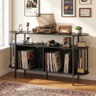 Stojan na gramofon s nabíjecí stanicí a barevnými LED diodami, 140 x 40 x 76 cm, černý