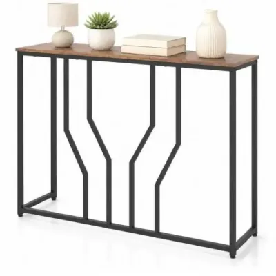 Úzký kovový konzolový stolek s protiskluzovými prvky 110 x 30 x 80 cm, rustikální hnědá barva