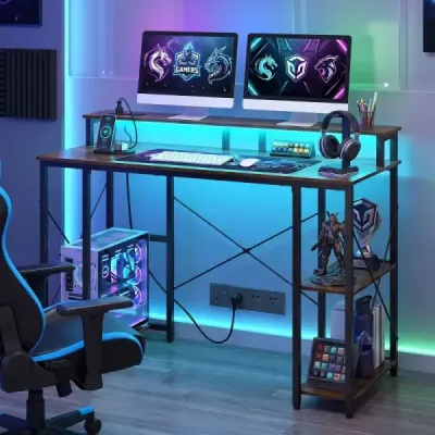 Počítačový stůl s LED osvětlením, zásuvkami a stojanem na monitor, 120 x 50 x 87 cm, hnědý