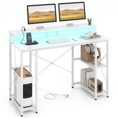 Computertisch mit LED-Beleuchtung Steckdosen & Monitorständer 120 x 50 x 87 cm Weiß