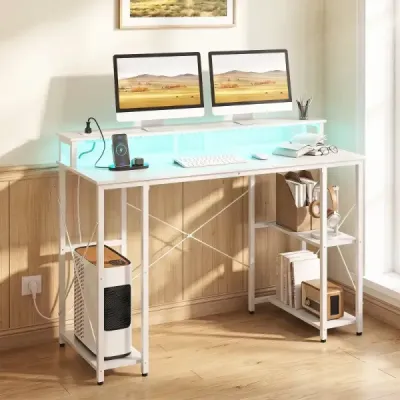 Computertisch mit LED-Beleuchtung Steckdosen & Monitorständer 120 x 50 x 87 cm Weiß