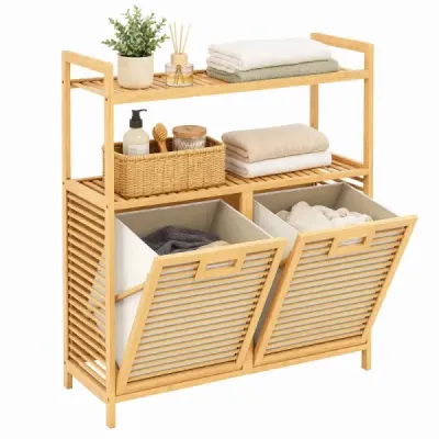 Koš na prádlo s objemem 27 l, zvýšenými okraji a 2 přihrádkami z bambusu, 80 x 30 x 92 cm, přírodní