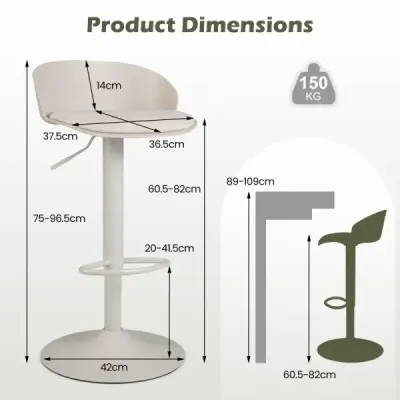 Sada 2 barových židlí, otočné o 360°, s nastavitelnou výškou, nosnost 150 kg, rozměry 42 x 42 x 75–96,5 cm, béžové