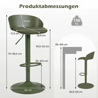 Sada 2 barových židlí, otočné o 360°, výškově nastavitelné, nosnost 150 kg, rozměry 42 x 42 x 75–96,5 cm, zelené