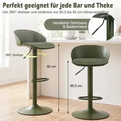 Sada 2 barových židlí, otočné o 360°, výškově nastavitelné, nosnost 150 kg, rozměry 42 x 42 x 75–96,5 cm, zelené