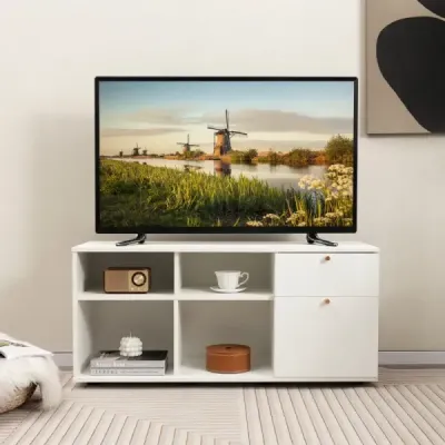 Komoda se 2 zásuvkami a 4 přihrádkami a nastavitelnými nožičkami příborník TV skříňka bílá