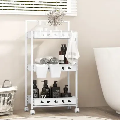 3-úrovňový vozík Servírovací vozík s kolečky Kuchyňský vozík se 2 závěsnými skleničkami 42 x 29 x 83 cm bílý