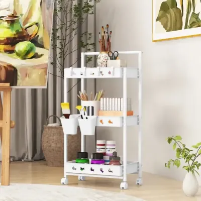 3-úrovňový vozík Servírovací vozík s kolečky Kuchyňský vozík se 2 závěsnými skleničkami 42 x 29 x 83 cm bílý