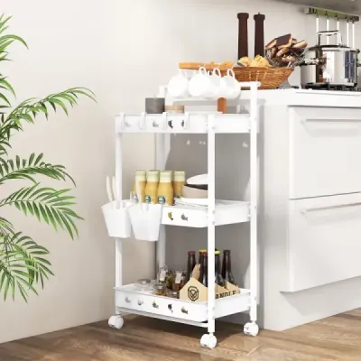 3-úrovňový vozík Servírovací vozík s kolečky Kuchyňský vozík se 2 závěsnými skleničkami 42 x 29 x 83 cm bílý