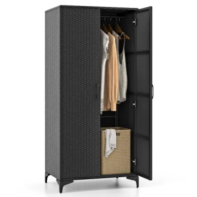 Kleiderschrank aus PE-Rattan mit 2 Türen & Kleiderstange & 4 Fächern Garderobenschrank Schwarz