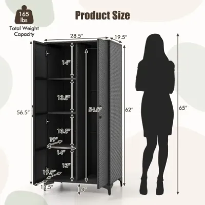 Kleiderschrank aus PE-Rattan mit 2 Türen & Kleiderstange & 4 Fächern Garderobenschrank Schwarz