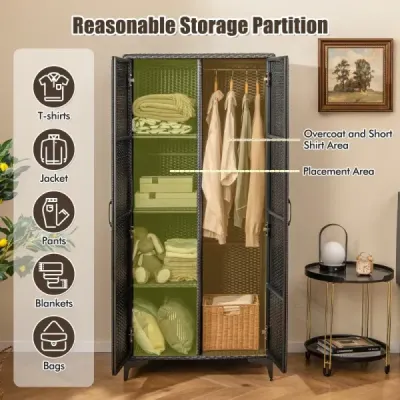 Kleiderschrank aus PE-Rattan mit 2 Türen & Kleiderstange & 4 Fächern Garderobenschrank Schwarz