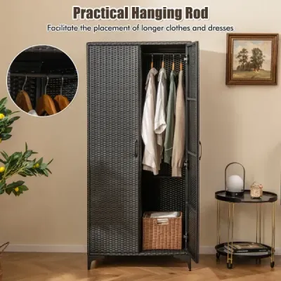 Kleiderschrank aus PE-Rattan mit 2 Türen & Kleiderstange & 4 Fächern Garderobenschrank Schwarz