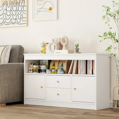 Skříňka na hračky dětská dřevěná dětská skříňka se 2 zásuvkami a 2 dvířky 106 x 30 x 62 cm bílá