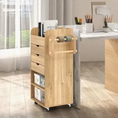 Pojízdný kontejner se 3 zásuvkami, 2 pojízdnými tyčemi a 3 přihrádkami. Vozík na tvoření, pojízdný vozík, přírodní povrchová úprava