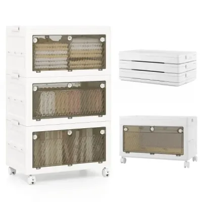 Úložný box s víkem Stohovací boxy skládací Úložný kontejner s dvoukřídlými dvířky 3-patrový