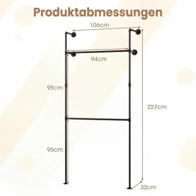 Nástěnná šatní tyč pro otevřenou kovovou šatní skříň se 2 tyčemi, 106 x 32 x 227 cm, černá