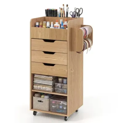 Pojízdný kontejner se 3 zásuvkami, 2 pojízdnými tyčemi a 3 přihrádkami, řemeslný vozík, 48,5 x 33,5 x 85,5 cm, přírodní