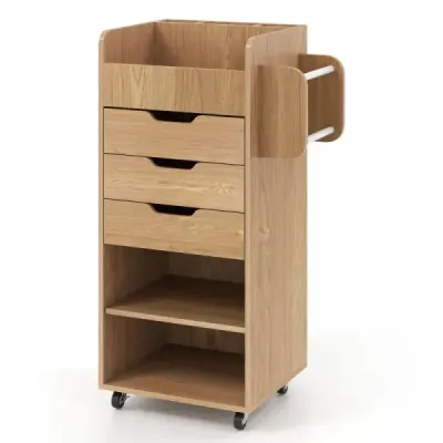 Pojízdný kontejner se 3 zásuvkami, 2 pojízdnými tyčemi a 3 přihrádkami, řemeslný vozík, 48,5 x 33,5 x 85,5 cm, přírodní