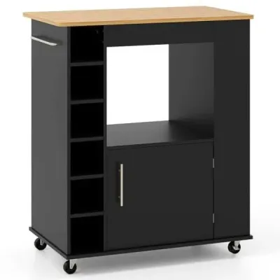 Kuchyňský vozík na kolečkách s pracovní deskou, držákem na ručníky a stojany na koření Servírovací vozík černý
