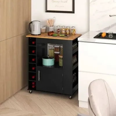 Kuchyňský vozík na kolečkách s pracovní deskou, držákem na ručníky a stojany na koření Servírovací vozík černý