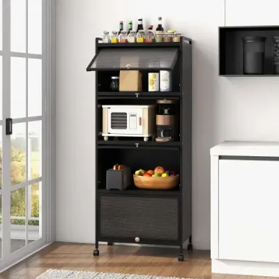 Kuchyňský regál s kolečky Mobilní stojan na mikrovlnnou troubu s výklopnými dvířky z PC 60 x 32 x 154 cm černý