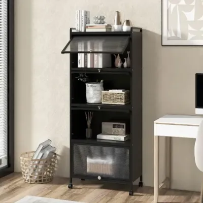 Kuchyňský regál s kolečky Mobilní stojan na mikrovlnnou troubu s výklopnými dvířky z PC 60 x 32 x 154 cm černý