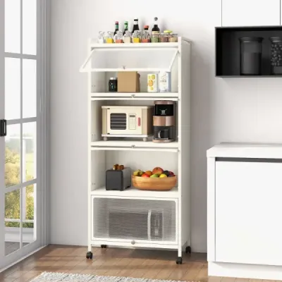 Kuchyňský regál s kolečky Mobilní stojan na mikrovlnnou troubu s výklopnými dvířky z PC 60 x 32 x 154 cm černý