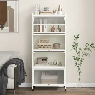 Kuchyňský regál s kolečky Mobilní stojan na mikrovlnnou troubu s výklopnými dvířky z PC 60 x 32 x 154 cm černý