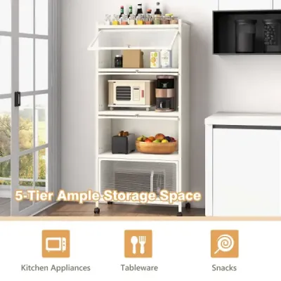 Kuchyňský regál s kolečky Mobilní stojan na mikrovlnnou troubu s výklopnými dvířky z PC 60 x 32 x 154 cm černý
