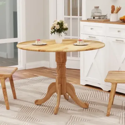 100 cm kulatý jídelní stůl pro 4 osoby Kuchyňský stůl z kaučukového dřeva s podnoží Moderní stůl pro volný čas do jídelny Příroda