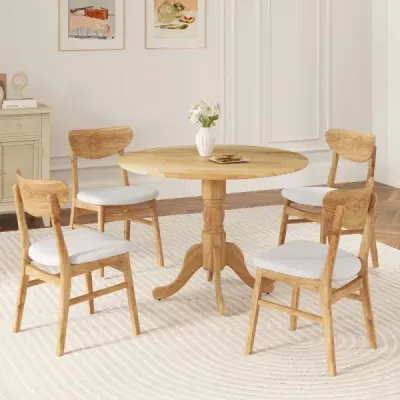 100 cm kulatý jídelní stůl pro 4 osoby Kuchyňský stůl z kaučukového dřeva s podnoží Moderní stůl pro volný čas do jídelny Příroda
