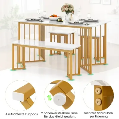 4-dílná jídelní souprava se 2 židlemi, stolem a lavicí Moderní mramorová jídelní souprava bílá + zlatá