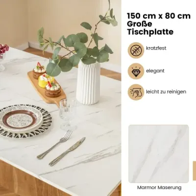 4-dílná jídelní souprava se 2 židlemi, stolem a lavicí Moderní mramorová jídelní souprava bílá + zlatá