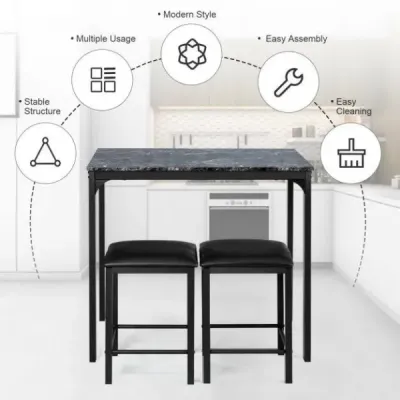 3dílná jídelní sada s 2 stoličkami bez opěradla z umělé kůže – černá