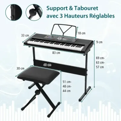 Přenosná elektronická klávesnice s 61 klávesami, stojanem, stoličkou a mikrofonem, digitální piano