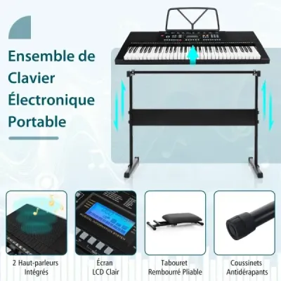 Přenosná elektronická klávesnice s 61 klávesami, stojanem, stoličkou a mikrofonem, digitální piano
