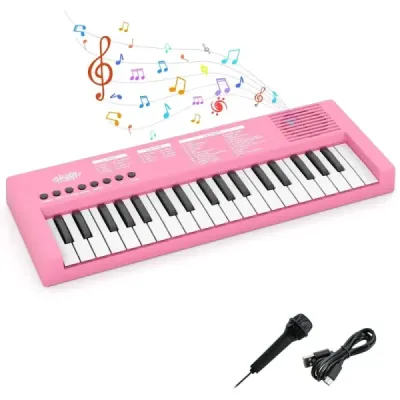 Dětské klavírní klaviatury, 37 kláves, přenosné elektrické piano s 8 rytmy, 8 zvuky a 22 demy, růžové