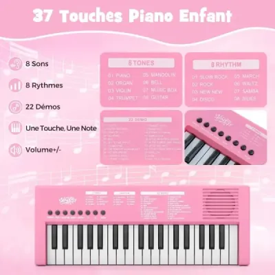 Dětské klavírní klaviatury, 37 kláves, přenosné elektrické piano s 8 rytmy, 8 zvuky a 22 demy, růžové