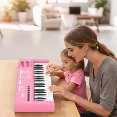 Dětské klavírní klaviatury, 37 kláves, přenosné elektrické piano s 8 rytmy, 8 zvuky a 22 demy, růžové