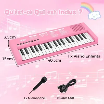 Dětské klavírní klaviatury, 37 kláves, přenosné elektrické piano s 8 rytmy, 8 zvuky a 22 demy, růžové