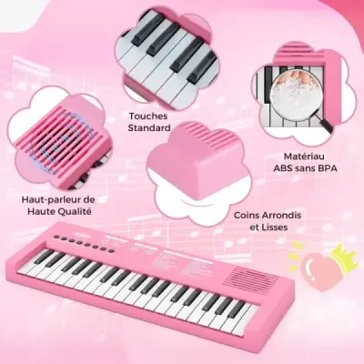 Dětské klavírní klaviatury, 37 kláves, přenosné elektrické piano s 8 rytmy, 8 zvuky a 22 demy, růžové