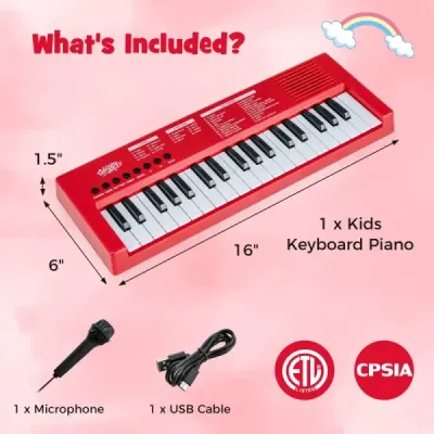 Dětské klavírní klaviatury, 37 kláves, přenosné elektrické piano s 8 rytmy, 8 zvuky a 22 demy, červené